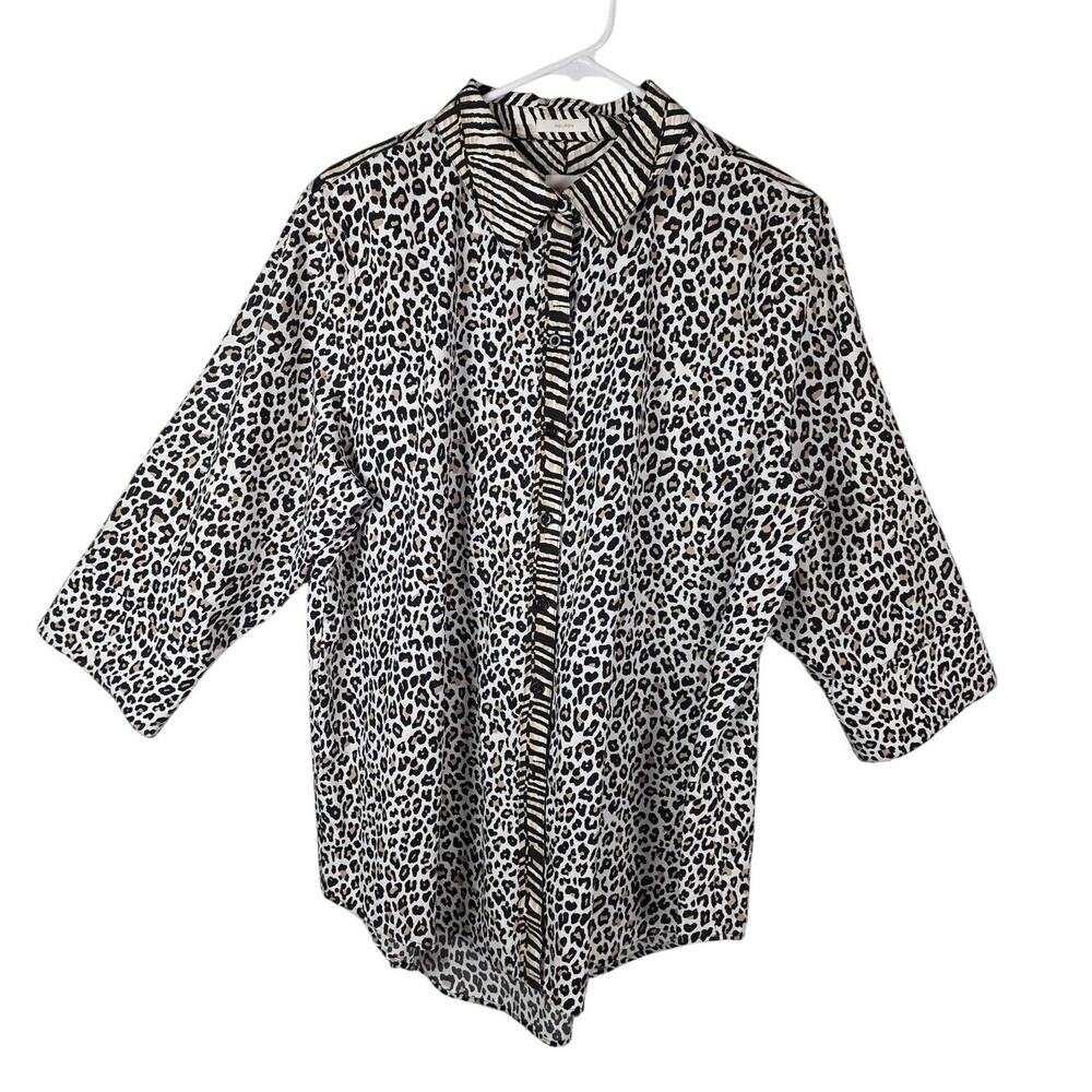 Chicos Size 3 Animal Print Collared Button Front Top 100% Cotton Blouse EUC
